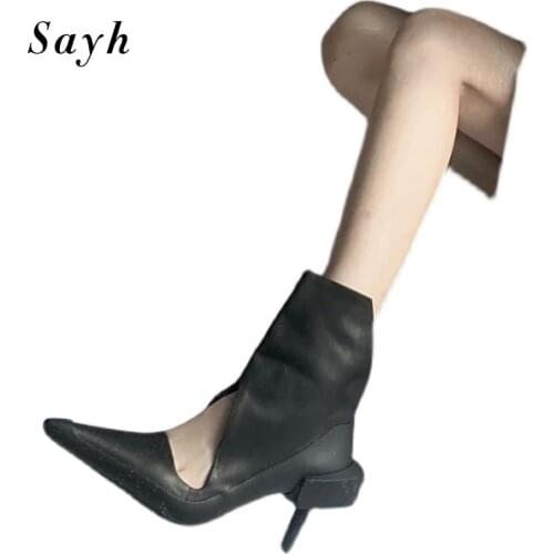 Women Ankle Boots Punk High Heel Pumps Pointy Toe Stiletto Black Leather Sandals Rome Gladiator Hollow Out Shoes