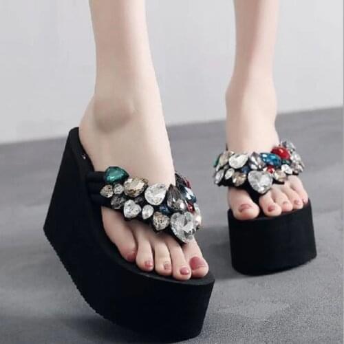 New Rhinestone Super High Heels Clip Toe Women Flip Flops 6 CM 8 CM 11 CM Platform Wedge Heel Crystal Beach Slippers 20181225