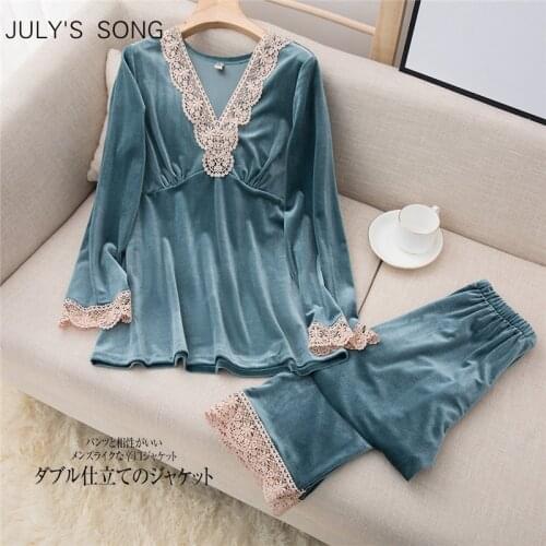 JULYS SONG 2 Pieces Velvet Fashion Autumn Winter Pajamas Set For Woman Long Sleeves Lace Lapel Elegant Casual Sleepwear Suit