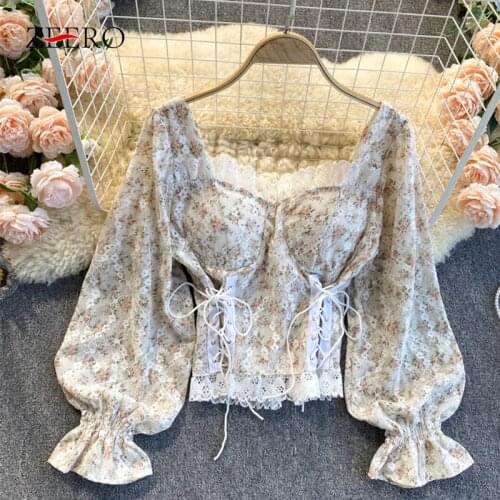 Spring Woman Sexy Sweet Tops Lace Stitching Floral Printing Square Collar Flared Lantern Sleeve Elastic Waist Tether Short Top