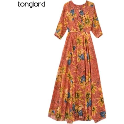 Women Floral Print Dresses With Lining Autumn Three Quarter Sleeve V-Neck Female Chiffon Maxi Dress Mujer Vestidos Plus Size 4XL