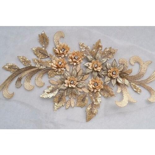 2Pieces Handmade beads 3D wedding dress applique DIY bridal headdress gold gray lace collar lace fabric patch