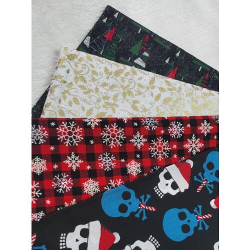 4pc 25x30cm Christmas Skull Snowflake Golden Embossing Glitter X'mas Leaves Checked Cotton Fabric Patchwork DIY Tissue Clothing