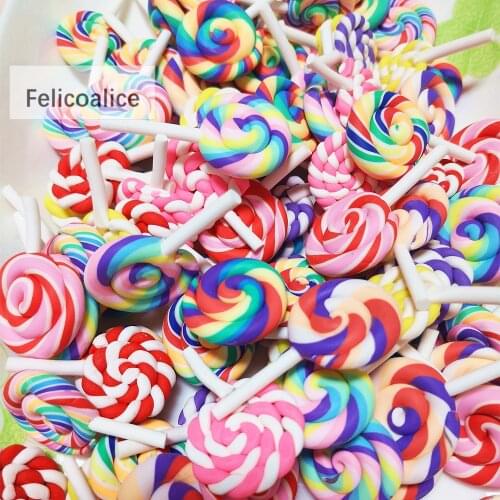 50pcs Multicolor Rainbow Clay Lollipops Photography Decor Simulation Fake Props Food Model Dessert Table Snack Decoration