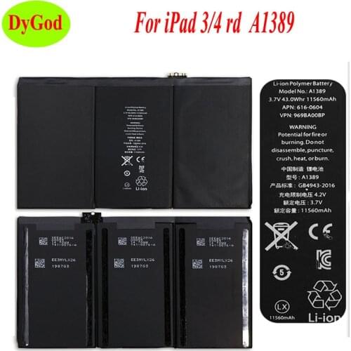 DyGod 11560mAh For iPad 3/4 rd A1403 A1416 A1430 A1433 A1459 A1460 A1389 Tablet Battery Replacement For iPad 3/4 rd Batteries