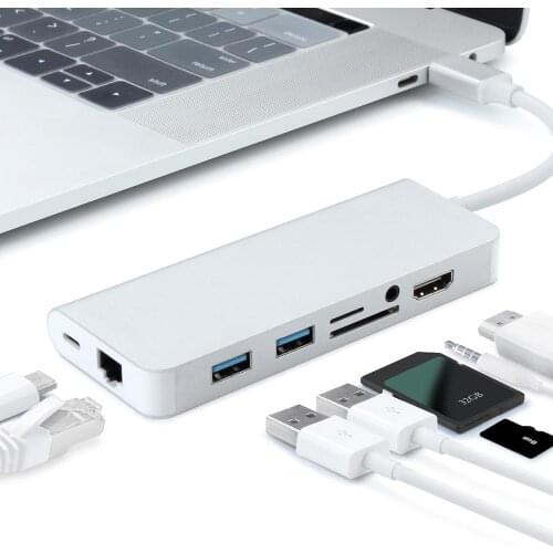 Type C Hub HDMI Audio Output 3.5 Mm Micro SD TF Card RJ45 Gigabit Ethernet Adapter for MacBook Pro 13 15 16 inch AIR 13 2020