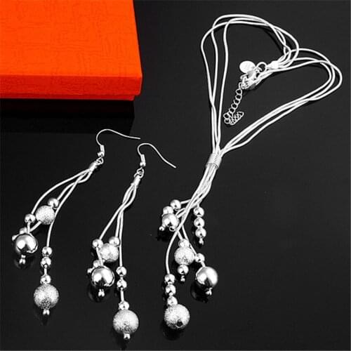 Hot charms Snake Chain Tassel Beads 925 sterling Silver necklace earrings Jewelry set for women Fashion Party Christmas Gifts