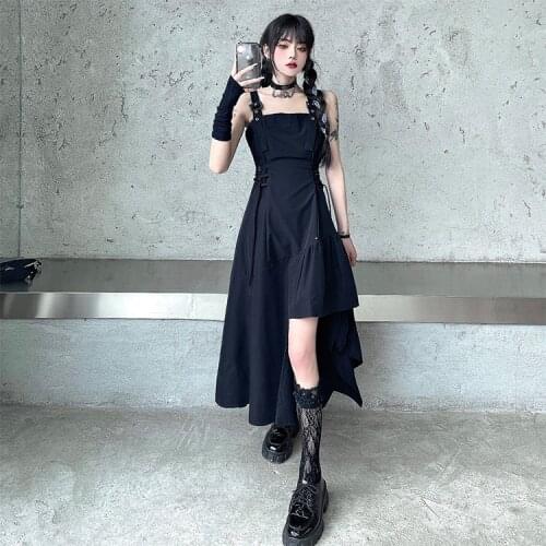 Black suspender skirt dark dress designer empire criss cross irregular dress punk goth streetwear summer dress women plus size