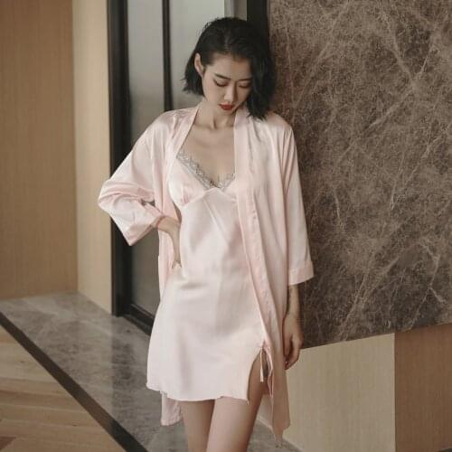 Lace Pajamas With Chest Pad Women Spring And Summer Two-Piece Suit Sexy Ice Silk Long-Sleeved Nightgown Home Service