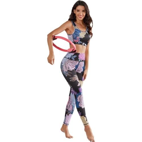 Flowers Printing Leggings Women Gym Workout Clothing High Waist Yoga Pants and Sports Bra Tracksuit Women Fitness 2 Pcs Set