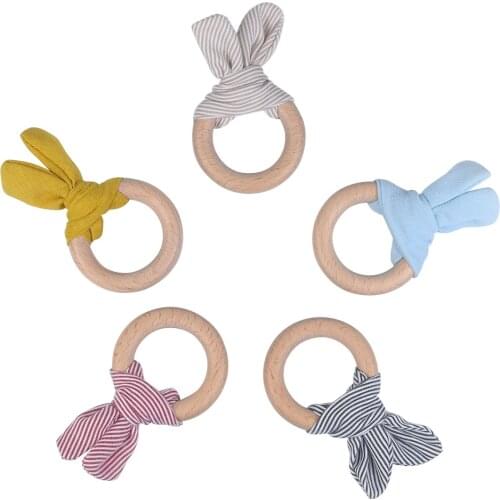 Mabochewing 1pcs 55mm Eco Friendly Woven Stripe Rabbit Ear Handle Bracelet Beech Wood Ring Rattle Baby Teether Toys