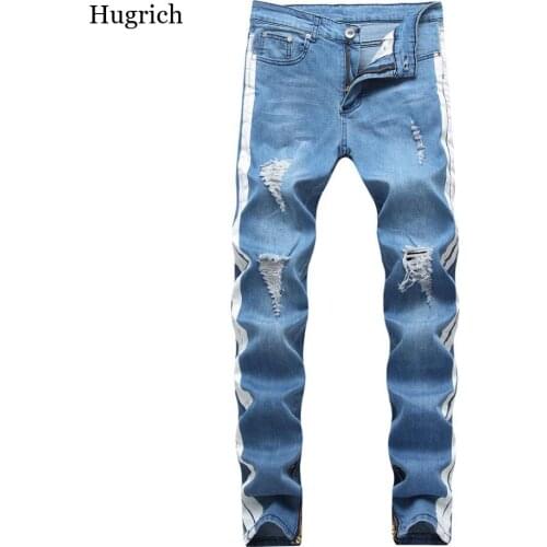 Mens Jeans Ripped Hole Slim Jeans Men Hip Hop Skinny Frayed Biker Scratchted Jeans for Men Stretch Ankle Zipper Jeans Men