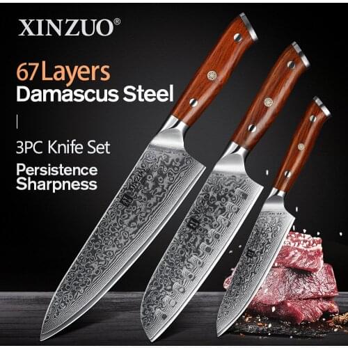 XINZUO 3PCS Kitchen Knife Set Damascus Stainless Steel Kitchen Knives Chef Utility Santoku Knife Kitchen Tool Rosewood Handle