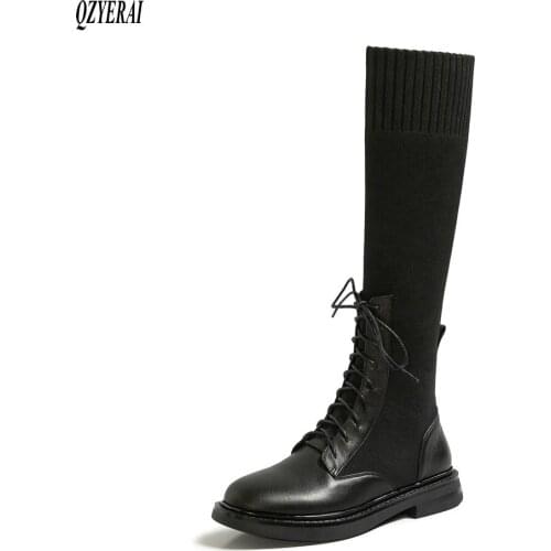 New winter 2020 knee boots Genuine leather Women boots Motorcycle boots Fashion boots black Women shoes