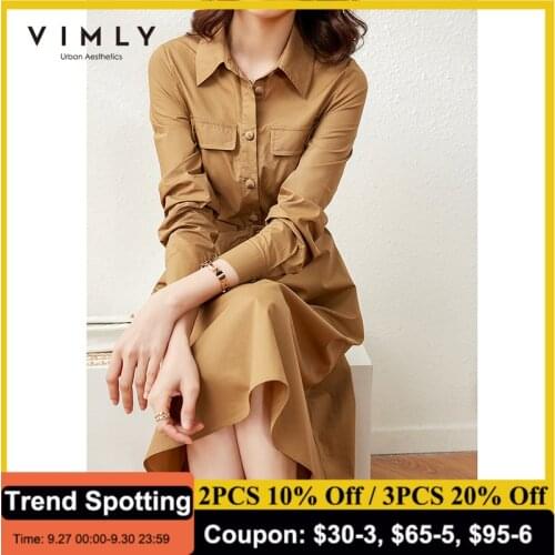 Vimly New Dresses For Women Fashion High Waist Solid Long Dress Sashes Button-up Shirt Dress Elegant Female Vestidos F6811