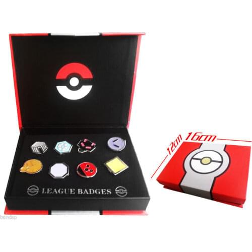 Pokemen Johto 8 Metal League Badge Pin Pip Gen 2 Cosplay Prop Collection Set 8*badges+Box 12*16*3cm
