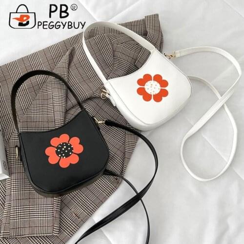 Casual Women Flower Printing Shoulder Crossbody Bag Fashion Solid Color PU Leather Top-handle Bags Portable Zipper Mini Purse