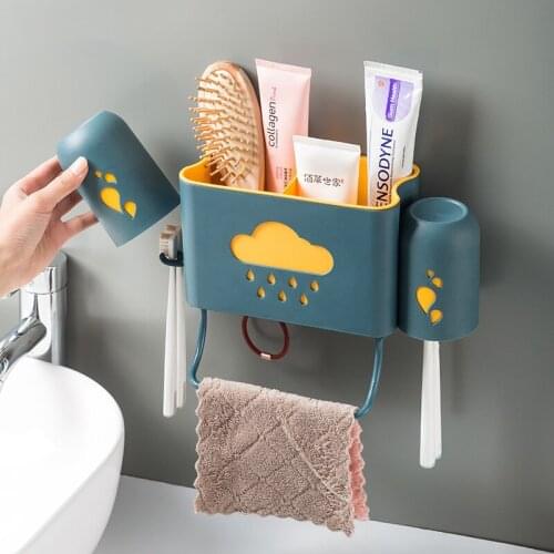 Toothbrush Holder Wall-mounte Perforation-free Multipurpose Tooth Cup Set Toothpaste Cosmetics Storage Rack Bathroom Accessories