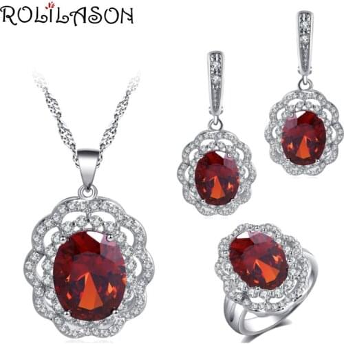 ROLILASON New Fashion Wedding Jewelry Red Zircon Round Flower Design Silver Earrings Necklace Ring jewelry Set JS780