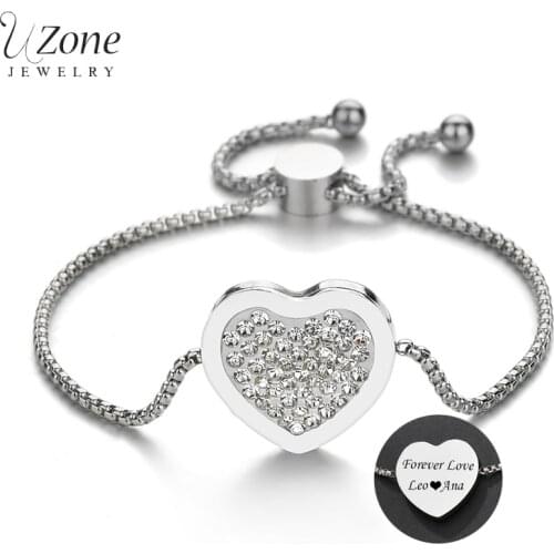UZone Luxury Zirconia Love Heart Charm Bracelet For Women Stainless Steel Custom Name Date ID Bracelets Wedding Gift Pulsera