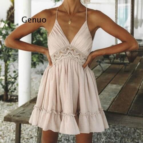 Sexy Lace Backless V Neck Summer Dress Women Strap Sleeveless Hollow Out Short Dress Casual Beach Party Dresses Vestidos