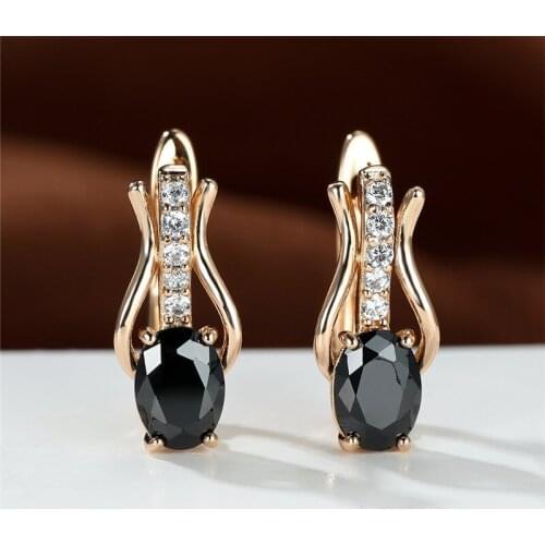 Antique Black Oval Stone Earrings Rose Gold Color Hoop Earrings Red Crystal White Zircon Small Earrings For Women Bridal Jewelry
