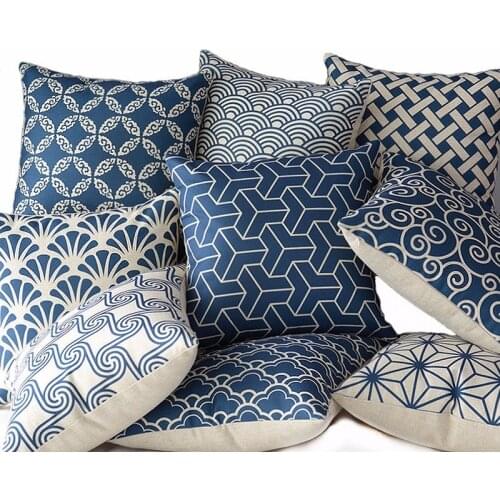 High Quality Linen Cotton Deep Blue Geometry Throw Pillow Case Car Chair Home Decor Cushion Cover Luxury Printed Almofada Cojine