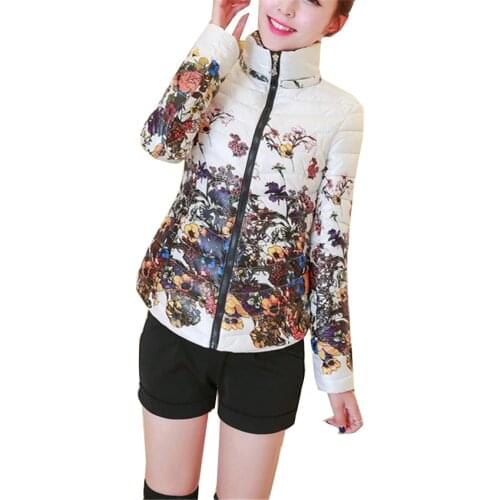 2020 New Autumn Fashion Women Cotton Jacket Lady Stand Collar Print Parka Winter Coat Slim Long Sleeve Parka Short Outerwear 423