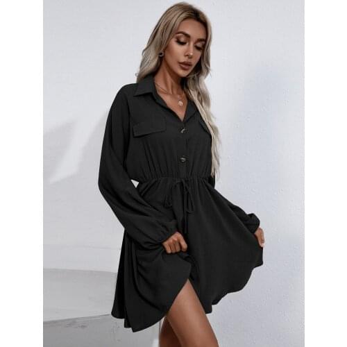 Womens Puff Sleeve V-neck Waist Belt Button Belt Pocket Pure Color Cotton Linen Casual Mini Skirt