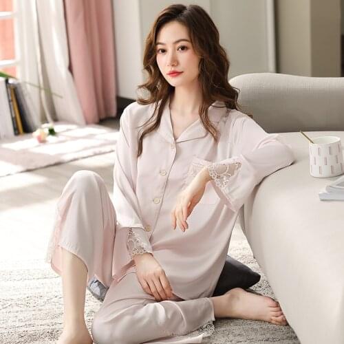 Women Ice Silk Pajamas Spring Pink Bedroom Sleepwear PJs Lace Edge Pijama Feminino Mujer Dormir Home Clothes Satin Pyjama Femme