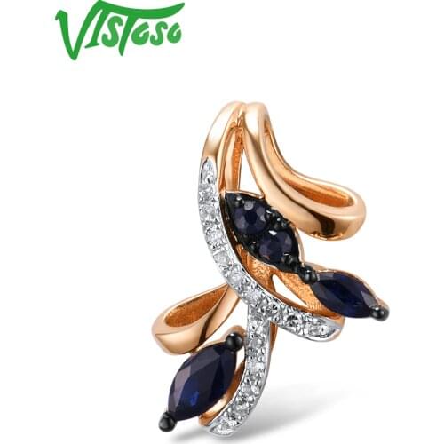 VISTOSO Gold Pendants For Women Authentic 14K 585 Rose Gold Sparkling Blue Sapphire Diamond Elegant Wedding Band Fine Jewelry