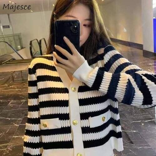 Cardigan Women Korean Style Striped Slim Simple All-match Chic Students Popular Stylish Newest Classic Streetwear Soft Harajuku