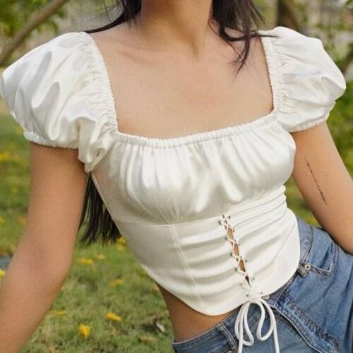 Women Gothic Corset Tops White Color Lace up Bandage Crop Tops Short Sleeve T-shirt Summer Puff Sleeve Square Collar Tees Tops