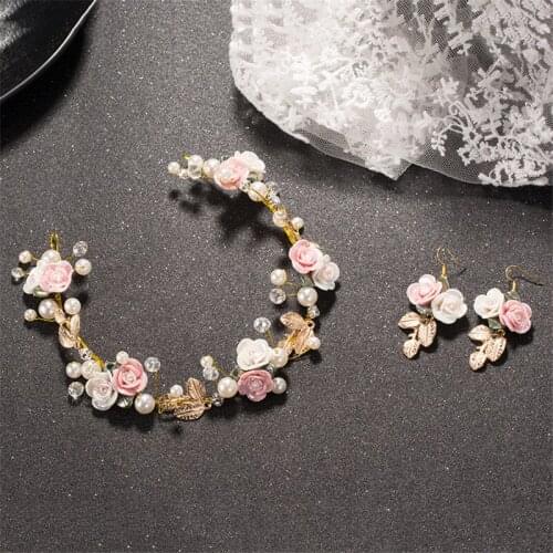 Golden leaves Handmade Flower Headpieces Wedding Bridal Pearl And Crystal Headband & Earrings For Bride Hair Accessories Jewelry