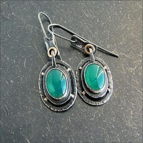 2020 Vintage Dangle Earrings For Women Oval Green Stone Hook Antique Silver Metal Hollow Indian Tribal Earring Bohemian Jewelry