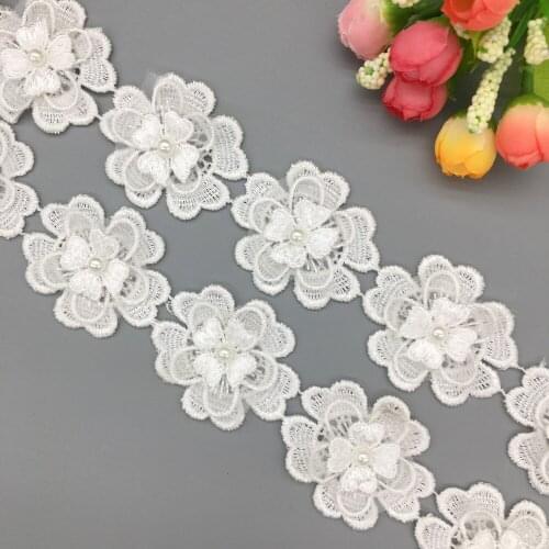 20X White Pearl Flower Lace Trim Knitting Africa Wedding Dress Ribbon Embroidered DIY Handmade Patchwork Sewing Supplies Craft