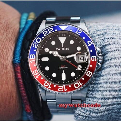 40mm PARNIS Black Dial Luminous Marks Sapphire Glass Green Luminous GMT Automatic Mens Watch