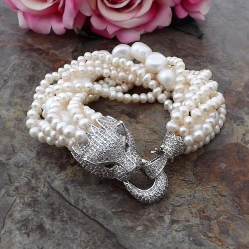 Handmade leopard head micro inlay zircon clasp 8 strands natural 5-6mm white freshwater pearl bracelet 8inch