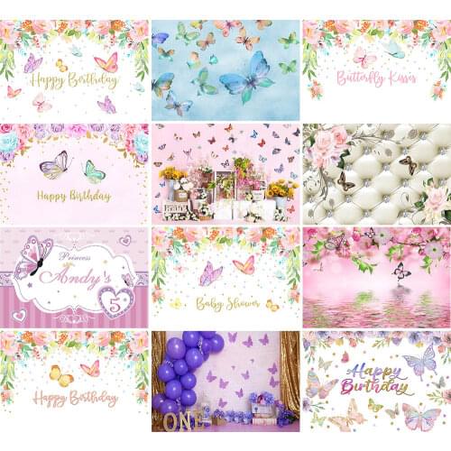 Avezano Happy Birthday Backdrop Butterfly Flowers Photography Background Studio Decor Baby Shower Girl Photocall Photo Photozone