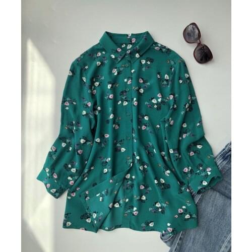 ElfStyle Women 2020 Newest Viscose 100% Green Flowers Printed Blouse Shirt Top With Elbow Sleeves