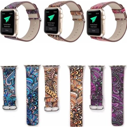 National Printed Leather Wristband 42mmm Strap for Apple Watch Band SE 38mm Series 5 Flower Bracelet for iwatch 6 5 4 3 2 1