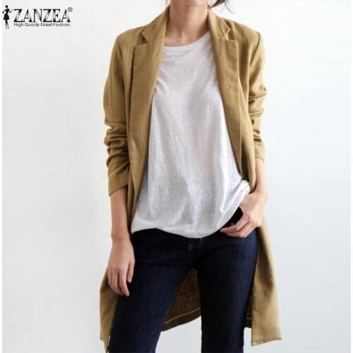 ZANZEA Women Lapel Neck Coats Autumn Vintage Button Jackets Casual Cotton Linen Outwear Solid Long Outwear Loose Cardigan