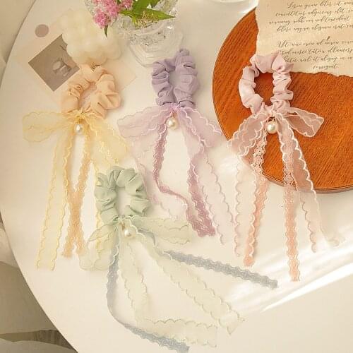 Fashion Print Pearl Bow Scrunchies Hair Ribbon for Women Ponytail Scarf Sweet Elastic Hair Band Girls Hair Ties Hair Accessories