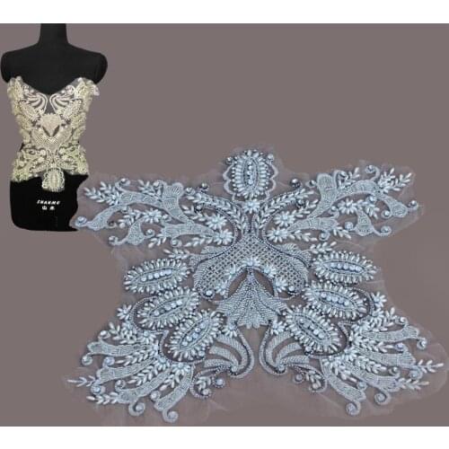 La Belleza white beaded beautiful large piece handmade crystal Rhinestone patch wedding dress applique accessories