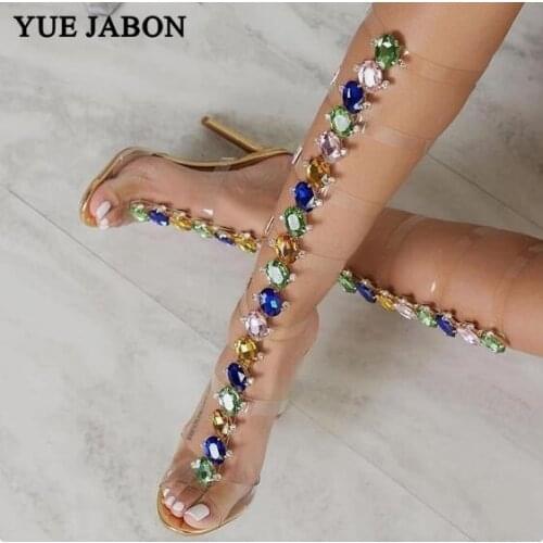 Sexy PVC Transparent Boots Shoes For Women Peep Toe T- Strap High Heel Long Boots Lady Fashion Crystal Knee Boots Summer Sandal