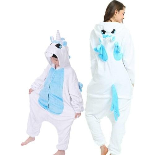 Animal Unicorn Blue Pajamas Kigurumi Adult Pyjama Family Pajama Women Men Winter Flannel Hoodie Mom Daughter Onesies Sleepwear