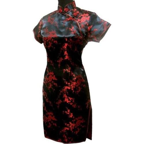 Black Red Chinese Women Traditional Dress Short Mini Qipao Cheongsam Top Flower Plus Size S M L XL XXL XXXL 4XL 5XL 6XL MH-04
