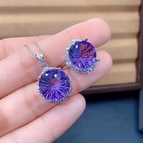 Luxurious big round 12*12mm Natural amethyst gem S925 silver ring Pendant natural gemstone Jewelry Set girl party gift jewelry