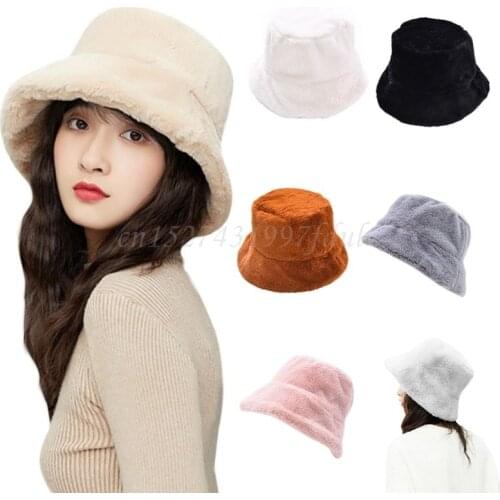 Women Girls Winter Thickened Fluffy Plush Cap Plain Solid Color Wide Brim Sun Protection Packable Outdoor Fisherman Hat