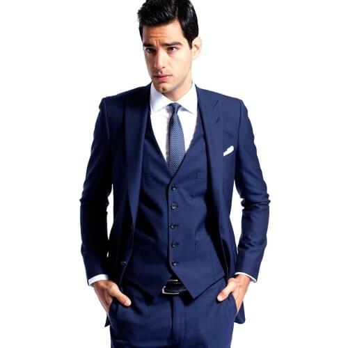 Custom Made Groom Tuxedo Blue Groomsmen Peak Lapel Wedding/Dinner Suits Best Man Bridegroom (Jacket+Pants+Tie+Vest) B469